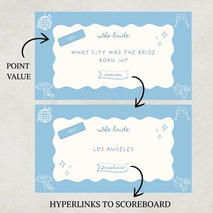 Editable bridal shower and bachelorette party trivia game called 'Last Toast on the Coast,' designed in a coastal theme with soft blue and beige tones.  This Jeopardy-style game includes customizable categories and questions related to the bride, groom, couple, bridesmaids, and wedding planning. Perfect printable game for beach bachelorettes, outdoor hens parties, seaside bridal showers, or coastal celebrations. Fun drinking game or party icebreaker!