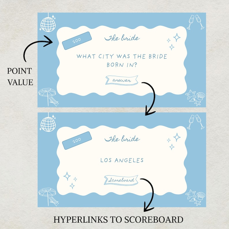 Editable bridal shower and bachelorette party trivia game called 'Last Toast on the Coast,' designed in a coastal theme with soft blue and beige tones.  This Jeopardy-style game includes customizable categories and questions related to the bride, groom, couple, bridesmaids, and wedding planning. Perfect printable game for beach bachelorettes, outdoor hens parties, seaside bridal showers, or coastal celebrations. Fun drinking game or party icebreaker!