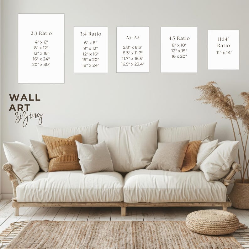 May include: A living room scene with a cream-colored sofa, pillows, and a woven rug. The wall displays art print size guides in inches, including 4x6, 8x12, 12x18, 16x24, and 20x30. The text "WALL ART Sizing" is also visible.