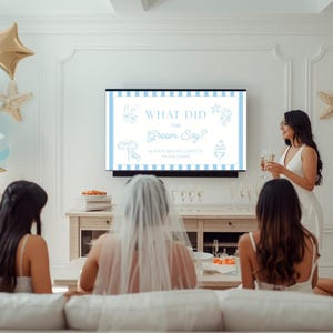 May include: A bachelorette party scene with a TV displaying a trivia game titled "What Did the Groom Say?" The room is decorated with balloons, star-shaped decorations, and a table with snacks. Several women are present, some holding champagne glasses.