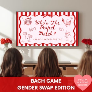 Wer ist das perfekte Spiel? Bachelorette Spiel - Geschlechtstausch-Edition, Hen Do-Trinkspiel, Hochzeitsdusche, bearbeitbare Canva-Vorlage