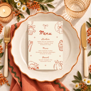 May include: A rectangular menu card with cream-colored paper and orange line-art illustrations of a bottle, bow, napkin, cutlery, cupcake, and pumpkin. The text lists Starters, Mains, and Dessert with various food items in orange font.