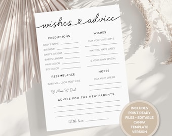Baby Predications Card Editable Template & Printable Game, Wishes and Advice Card, Baby Shower Activity, Wishes for Baby, Neutral Minimalist