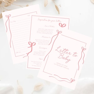 Full bundle mockup of the Letters to Baby printable and editable Canva template set, showing the cover page, lined letter page and inspiration prompts for guests. Perfect for a gender neutral baby shower game, baby keepsake printable, guestbook alternative or memory book insert. Includes editable Canva template for customizing fonts and wording, plus print-ready PDF files. Ideal baby shower activity for guests to write wishes, messages and advice for the new mom and baby