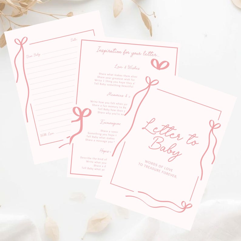 Full bundle mockup of the Letters to Baby printable and editable Canva template set, showing the cover page, lined letter page and inspiration prompts for guests. Perfect for a gender neutral baby shower game, baby keepsake printable, guestbook alternative or memory book insert. Includes editable Canva template for customizing fonts and wording, plus print-ready PDF files. Ideal baby shower activity for guests to write wishes, messages and advice for the new mom and baby