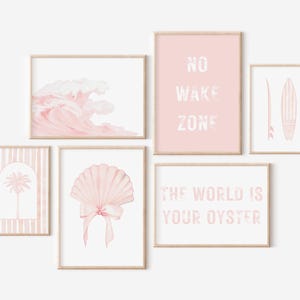 6-piece gallery wall art seashell, surf bundle featuring a ocean wave, palm tree, surfboard, sweet shell with a bow and two signs, saying no wake zone and the world is your oyster, all in a soft pastel pink color with stripy designs on the surfboard and the background of the kids' palm print - mix of vector and watercolor! Perfect for girl's nursery decor or girls' bedrooms
