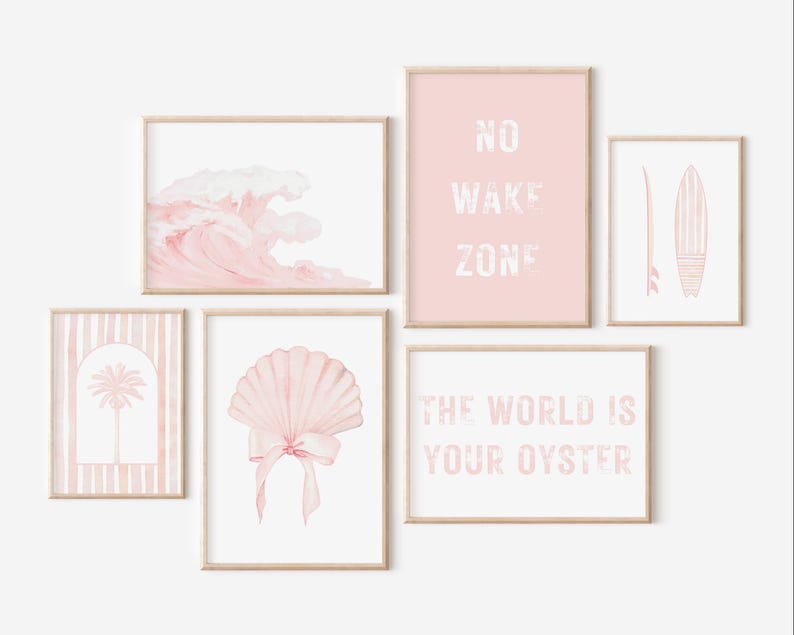6-piece gallery wall art seashell, surf bundle featuring a ocean wave, palm tree, surfboard, sweet shell with a bow and two signs, saying no wake zone and the world is your oyster, all in a soft pastel pink color with stripy designs on the surfboard and the background of the kids' palm print - mix of vector and watercolor! Perfect for girl's nursery decor or girls' bedrooms