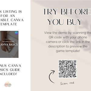 May include: An advertisement for an editable Canva template. Text includes "This listing is for an editable Canva template" and "Try before you buy." A QR code is provided to preview the template. A bonus Canva basics guide is included.