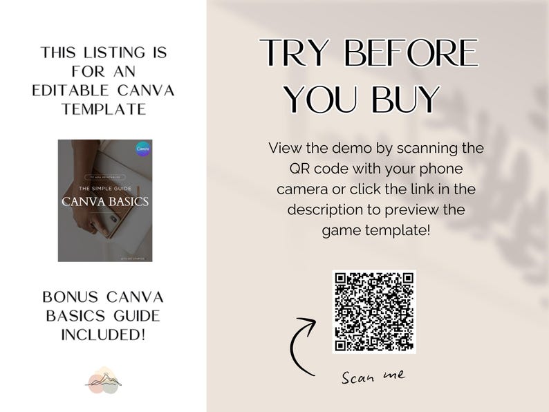 May include: An advertisement for an editable Canva template. Text includes "This listing is for an editable Canva template" and "Try before you buy." A QR code is provided to preview the template. A bonus Canva basics guide is included.