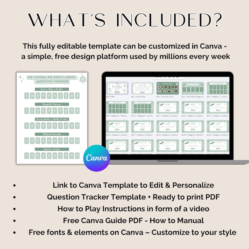 May include: A digital template displayed on a laptop and a printed sheet. The template includes a question tracker and instructions. The Canva logo is visible. Text on the screen reads "WHAT'S INCLUDED?" and "WE LISTEN, WE DON'T JUDGE QUESTION TRACKER".