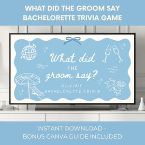 Peut inclure: Un jeu-questionnaire numérique pour enterrement de vie de jeune fille avec une bordure festonnée bleu clair sur fond blanc. Le texte indique What did the groom say? et Olivia's Bachelorette Trivia, avec des dessins au trait blancs d'une boule à facettes, de flûtes à champagne, d'un parasol, d'une chaise longue et de coquillages.