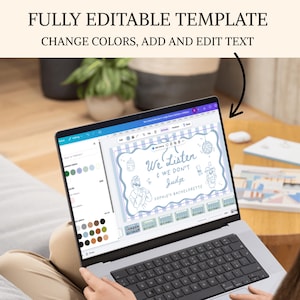 May include: A laptop displaying a customizable template with the text "We Listen We Don't Judge" for a bachelorette party. The screen shows editable elements and color options. The text "FULLY EDITABLE TEMPLATE" and "CHANGE COLORS, ADD AND EDIT TEXT" are also visible.
