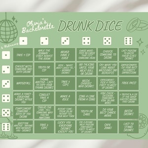 Pode incluir: Jogo de tabuleiro "Drunk Dice" verde para uma despedida de solteira, com ilustrações de dados e instruções para beber. Inclui textos como "Take a Sip", "Truth or Sip" e "Bride Drinks".