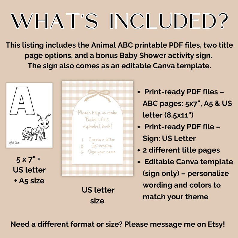 ABC Coloring Baby Shower Activity, Animal ABC Color Book, Fun Baby Shower Game, Blank Alphabet Book, Printable Baby's first ABC book Sign image 5