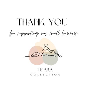 May include: Thank you for supporting my small business. A simple line drawing of mountains with a sun above them is set against a background of three overlapping pastel colored circles. The text "TEARA COLLECTION" is below the image.