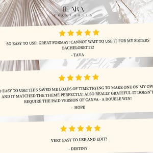 May include: A cream-coloured background featuring customer reviews and star ratings. The text includes phrases such as "So easy to use!" and "Great format!" The product is from TE ARA PRINTABLES.