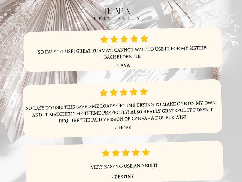May include: A cream-coloured background featuring customer reviews and star ratings. The text includes phrases such as "So easy to use!" and "Great format!" The product is from TE ARA PRINTABLES.