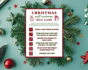 Christmas Gift Exchange Dice Game, Roll the Dice Holiday Party Game, Secret Santa Office Icebreaker, White Elephant Gift Swap Printable Page