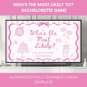 May include: A pink and white digital template for a bachelorette party game displayed on a television screen. The text reads "Who's the Most Likely To?" with illustrations of a disco ball, cake, champagne, and glasses. The bottom text says "AUTOMATED FULLY EDITABLE CANVA TEMPLATE."