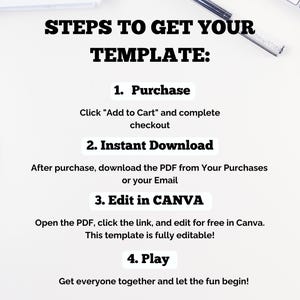 May include: A white background with black text detailing the steps to obtain a template: purchase, instant download, edit in Canva, and play. A pen and keyboard are also visible.