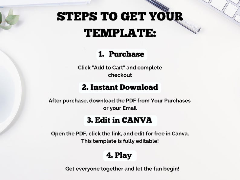 May include: A white background with black text detailing the steps to obtain a template: purchase, instant download, edit in Canva, and play. A pen and keyboard are also visible.