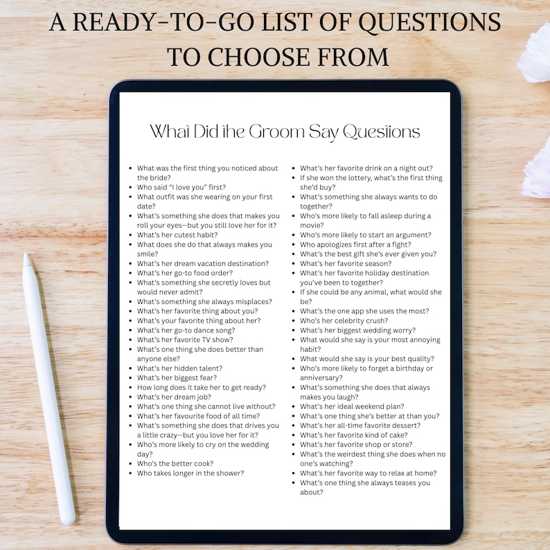 What Did the Groom Say? editable bridal trivia game with a beachy coastal theme, great for bachelorette parties, hens parties, bridal showers, girls weekends, and wedding shower games. Features 15 groom trivia questions and fun drinking game rules, including space to upload video answers for the big reveal. Perfect for last toast on the coast celebrations and fully editable in Canva for easy personalization. Incudes 50 bonus questions to choose from to ask the groom!