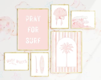 Rosa Surf Kunst Set für Mädchen Zimmer, Kinderzimmer Strand Dekor (digitaler Download)