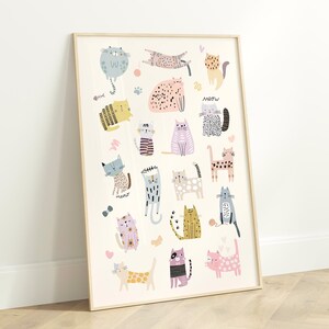 Quirky cat poster featuring 18 different cats spread around the page in different pastel colors, in blues, pinks, purples and yellows. Some cats are playing, some sitting, some stretching. Very cute design and would be perfect for a pastel nursery or playroom or a kids room or for any kid that loves cats!