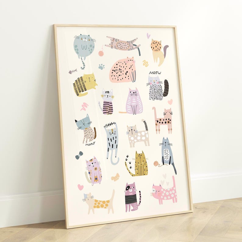 Quirky cat poster featuring 18 different cats spread around the page in different pastel colors, in blues, pinks, purples and yellows. Some cats are playing, some sitting, some stretching. Very cute design and would be perfect for a pastel nursery or playroom or a kids room or for any kid that loves cats!