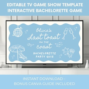 Plantilla editable de concurso para despedida de soltera: presentación en PowerPoint de trivia, preguntas y juegos de beber para despedidas de soltera, tema playero "El último brindis en la costa".