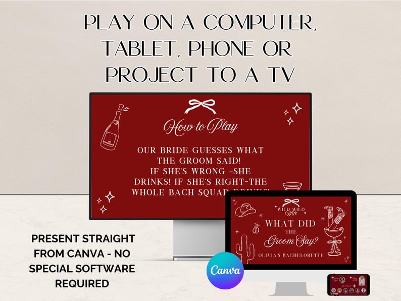 Wild Wild Wife hens party game setup featuring What Did the Groom Say trivia played at a bachelorette weekend. Guests laugh, guess answers, and keep score using the included scorecard. Popular interactive bachelorette game for western-themed bach parties, girls’ trips, and hens nights.