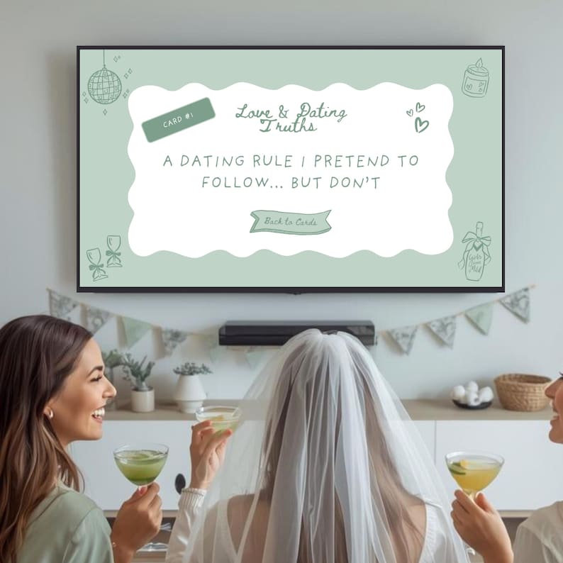 Interactive We Listen & We Don’t Judge game template shown as a screen-based Canva slideshow with clickable cards that reveal prompts. A viral TikTok party game idea designed for girls’ night in, bachelorette parties, slumber party games, and modern hens nights where laughter, honesty, and connection are the focus.