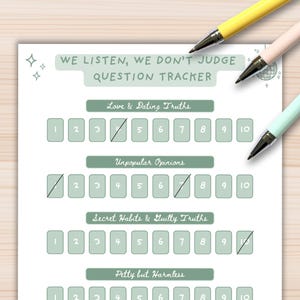 Printable question tracker included with the We Listen & We Don’t Judge party game, designed to help hosts track prompts and turns. A helpful addition for bachelorette party games, girls’ night games, slumber party games, and trending TikTok-inspired celebrations where keeping the game flowing matters.
