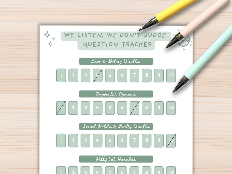 Printable question tracker included with the We Listen & We Don’t Judge party game, designed to help hosts track prompts and turns. A helpful addition for bachelorette party games, girls’ night games, slumber party games, and trending TikTok-inspired celebrations where keeping the game flowing matters.