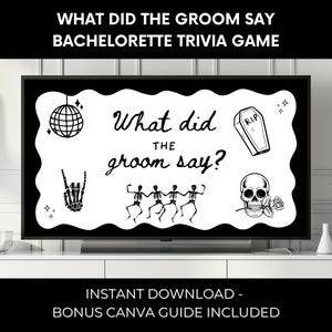 Customizable “Bride or Die” trivia game in spooky black and white design. Perfect for Halloween bachelorette parties, hens nights, or gothic bridal showers. This Til Death Do Us Part themed game is fun, easy to play, and a unique party activity. Great for emo brides, gothic weddings, or alternative bridal showers. Guests try to guess what the groom said, making it a hilarious and memorable hens night game.