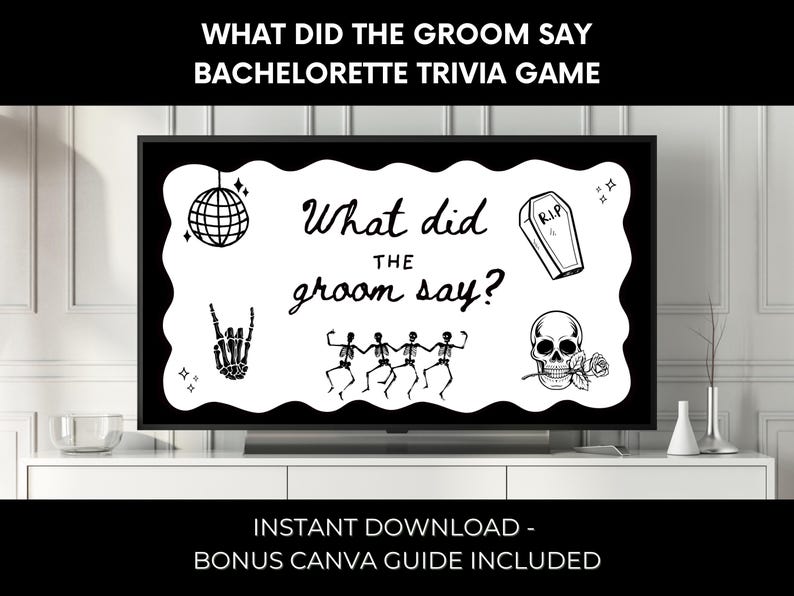 Customizable “Bride or Die” trivia game in spooky black and white design. Perfect for Halloween bachelorette parties, hens nights, or gothic bridal showers. This Til Death Do Us Part themed game is fun, easy to play, and a unique party activity. Great for emo brides, gothic weddings, or alternative bridal showers. Guests try to guess what the groom said, making it a hilarious and memorable hens night game.