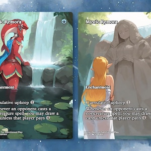 May include: Two rectangular trading cards titled Mystic Remora. The left card shows a red-skinned humanoid figure with a fin-like headpiece near a waterfall. The right card depicts a blonde figure standing before a large stone statue of an angel.