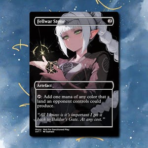 May include: A black and white card featuring an anime-style character with green eyes and white hair. The card is labeled "Fellwar Stone" and includes game text. The background is a starry blue.