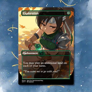 May include: A trading card titled Exploration featuring an anime-style character with short dark hair and a headband, holding a glowing green orb. The card text reads: You may play an additional land on each of your turns. You want me to go with you?