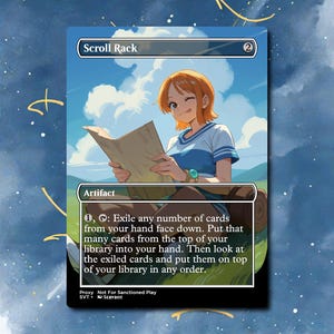 May include: A trading card titled Scroll Rack featuring an illustration of a person with short orange hair wearing a blue and white shirt, holding a map in a grassy field under a blue sky with clouds. The card text includes game rules and the label Proxy.