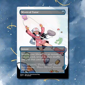 May include: A trading card titled Mystical Tutor featuring an illustration of a character in a pink jacket and white hat jumping while holding a string attached to a small purple creature. The card text includes game rules and flavor text.