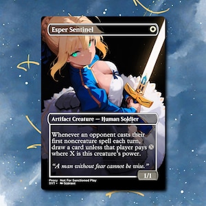 May include: A collectible trading card titled Esper Sentinel featuring an anime-style character with blonde hair and glowing green eyes holding a glowing sword. The card text includes Artifact Creature, Human Soldier, and the quote A man without fear cannot be wise.