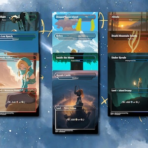 May include: A collection of rectangular game cards featuring various illustrated landscapes and characters from a fantasy world. Each card displays a unique location name such as Twilight, Lon Lon Ranch, Gerudo Valley, Dragon Roost Island, Hebra, Inside the Moon, Hyrule Castle, Akkala, Death Mountain Depths, and Under Hyrule.