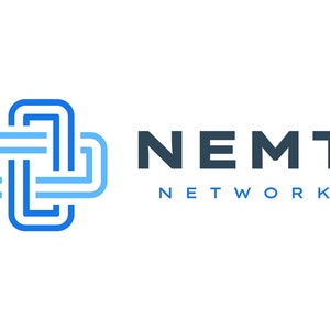 以下が含まれることがあります： NEMTネットワークの青と白のロゴ。ロゴは、スタイリッシュな相互接続された十字形を特徴としています。