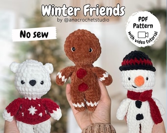Winter Friends Crochet Pattern: Polar Bear, Snowman, Gingerbread Man (No Sew PDF)