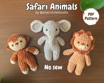 Safari Animals No sew PDF Crochet pattern Amigurumi: Lion, Elephant and Monkey