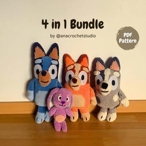 4 w 1 niebieski, czerwony i biały obcas + króliczek PDF wzór szydełkowy pluszowy pies amigurumi