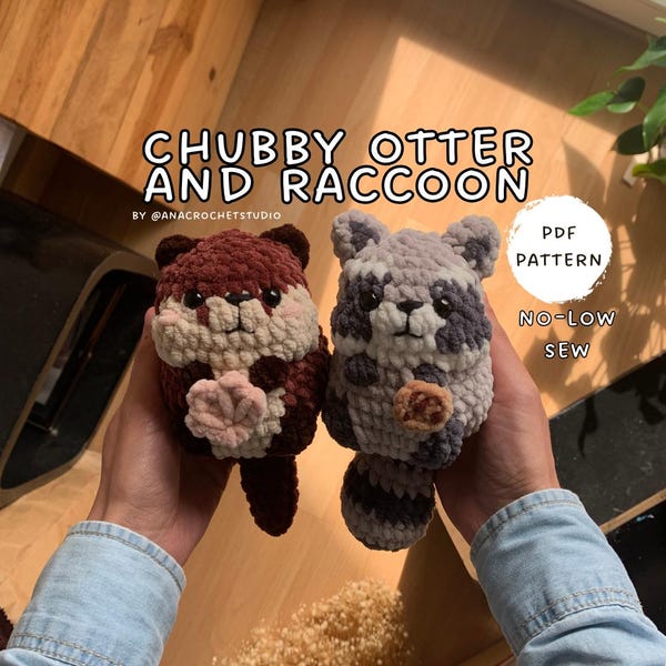 Raccoon and Otter No - Low sew PDF Crochet pattern Chubby Amigurumi
