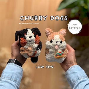 May include: Two crocheted dog plushies. One is black, white, and orange, the other is tan and white. The text "CHUBBY DOGS" is above the dogs, with "BY @ANACROCHETSTUDIO" below. The words "LOW SEW" are below the dogs. A circle with "PDF PATTERN" is on the right.