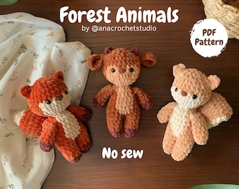 Forest Animals No-Sew Crochet Pattern: Fox, Deer, Squirrel, Beaver, Raccoon and Reindeer (PDF Pattern) woodland amigurumi